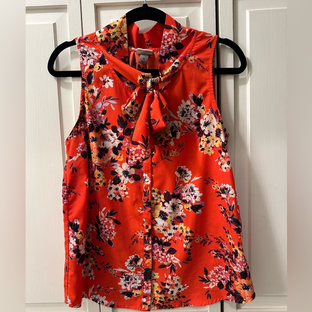 A New Day Orange Tie Front Blouse with Mandarin Collar